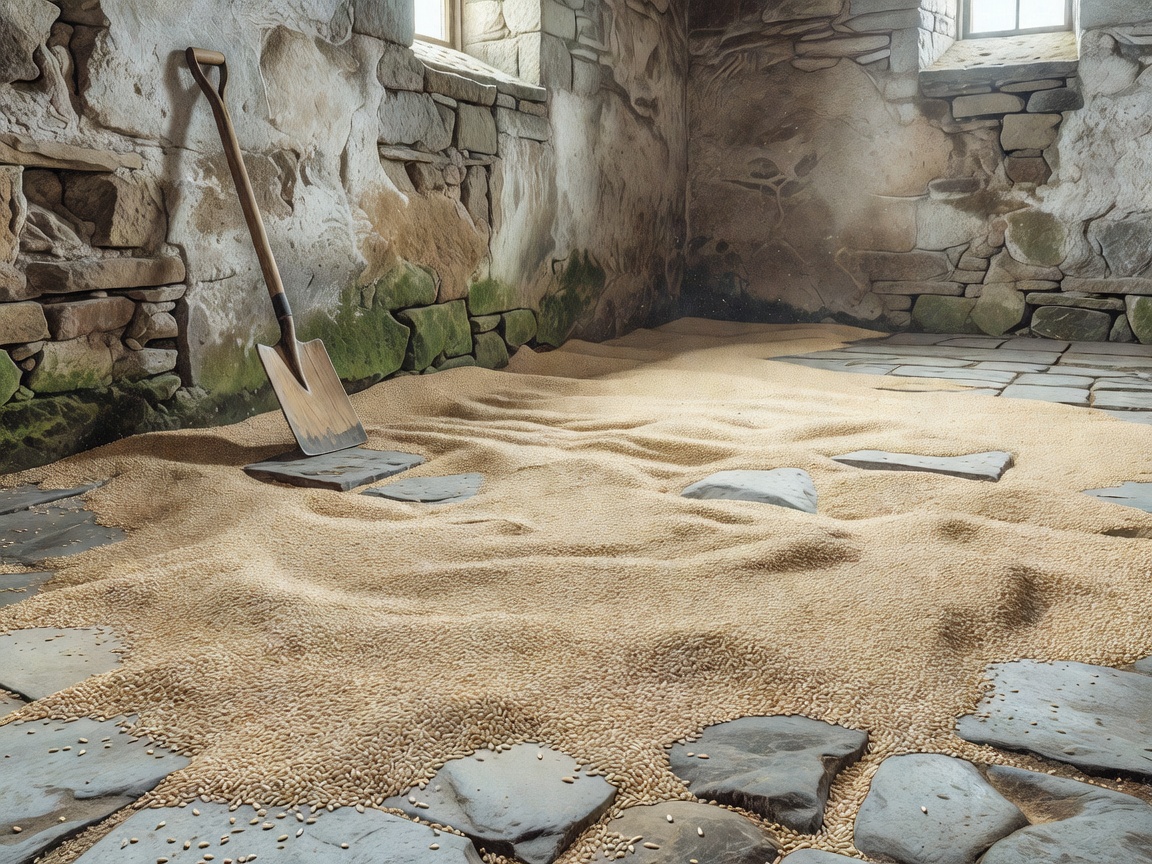 Illustration of a malt barn with barley spread across a stone floor and a wooden shiel leaning against the wall