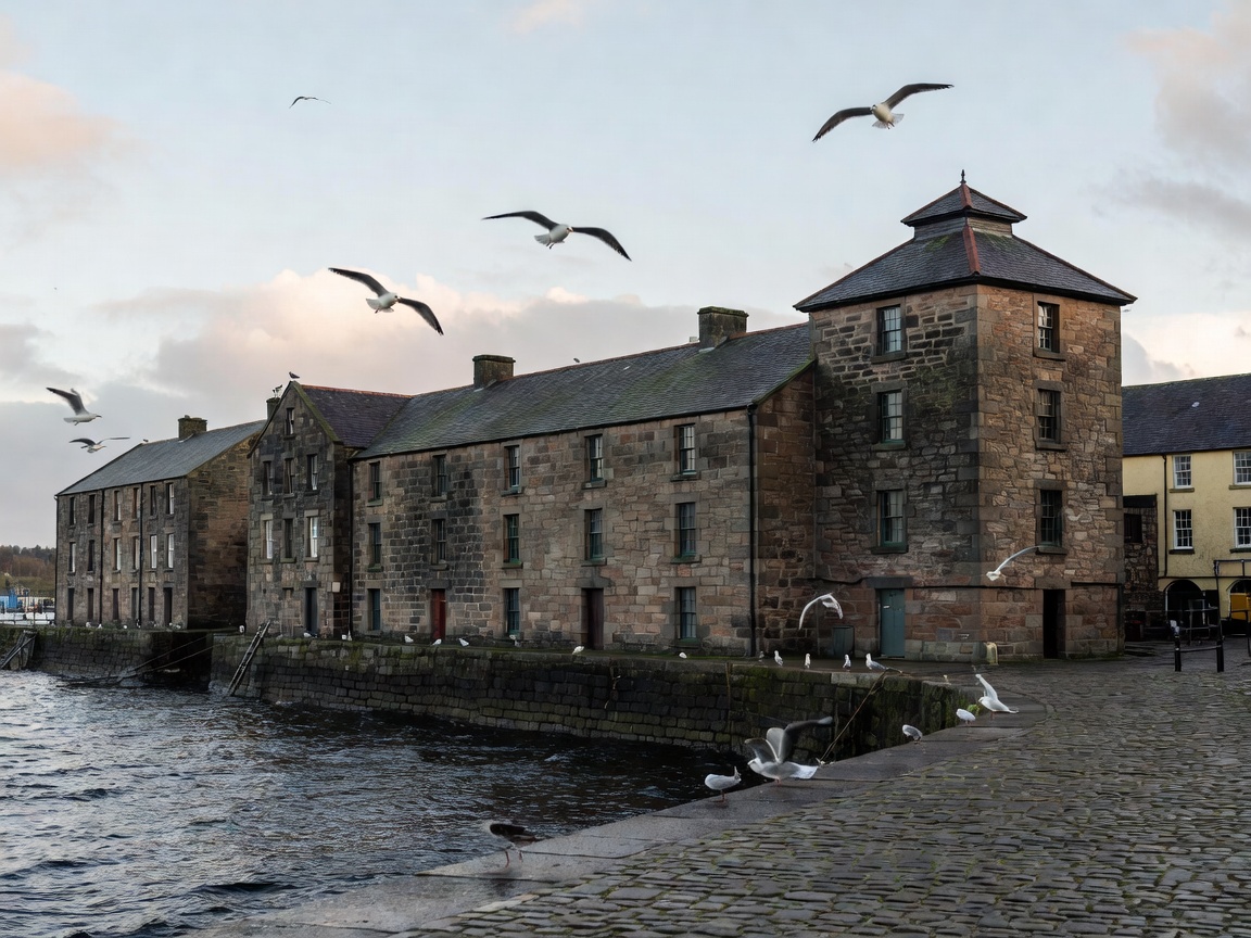 Illustration of a harbour town with bonded warehouses, a malt barn and gulls over the quay