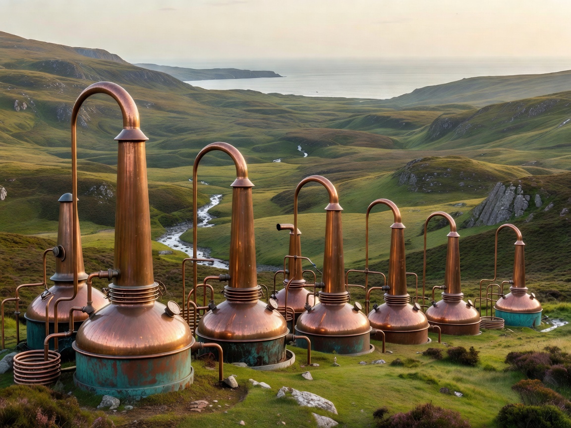 Illustration of tall copper pot stills in front of a wide glen and a coastal horizon