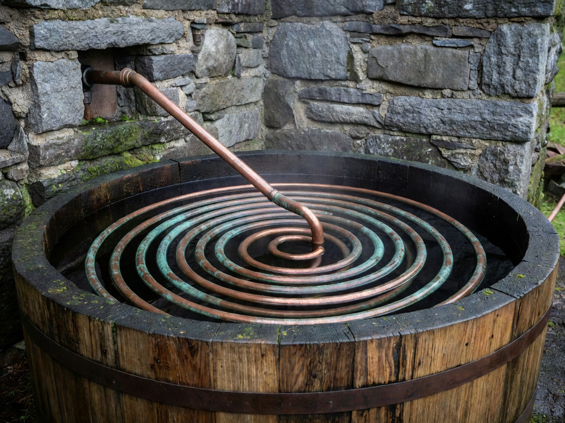 Illustration of a copper worm tub coiled inside a wooden water tub beside a pot still house