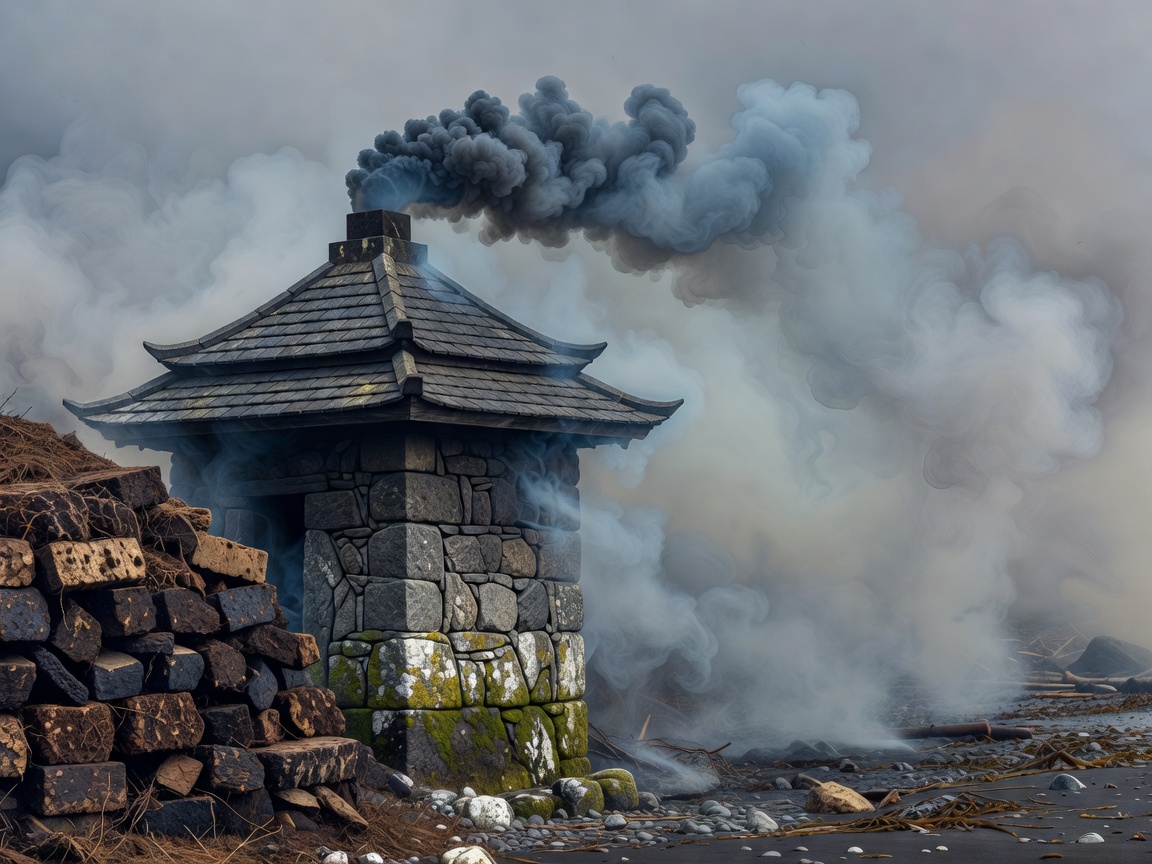 Illustration of a malt kiln with a pagoda roof, cut peat stacked beside it and smoke drifting over a shoreline