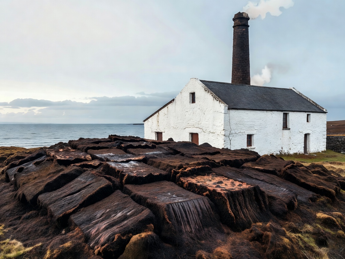 Illustration of a peat bank and a whitewashed seaside warehouse with a kiln chimney behind