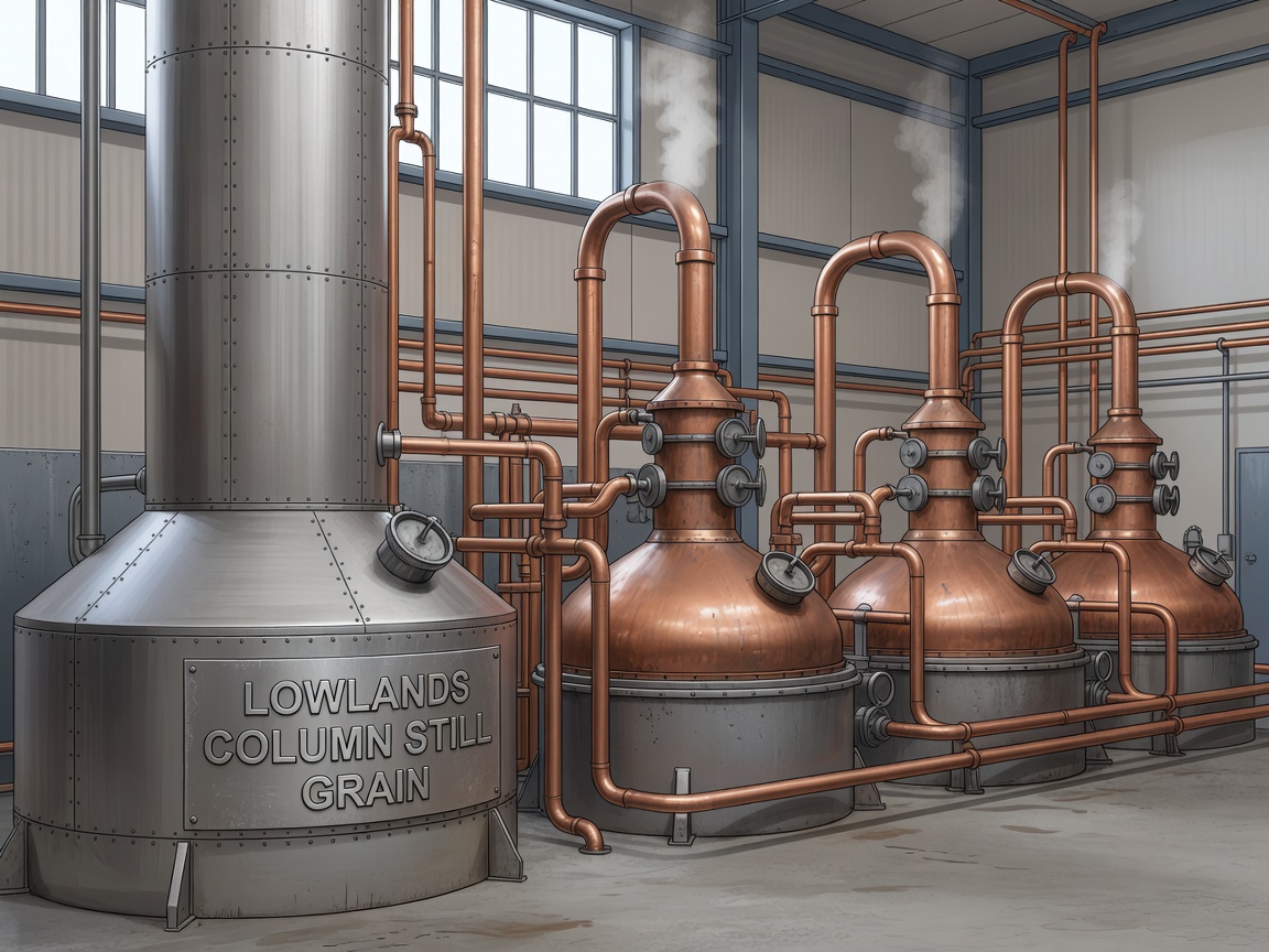 Illustration of a tall continuous column still beside a row of three linked copper pot stills