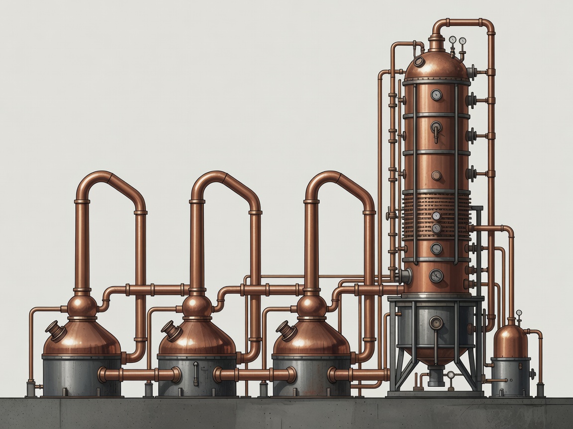 Illustration of three linked pot stills beside a tall continuous column still