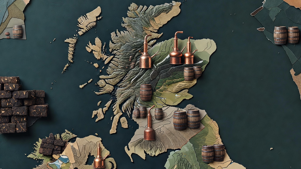 Collage-style illustrated map of Scotland with pot stills, casks and peat stacks marking five whisky-producing areas
