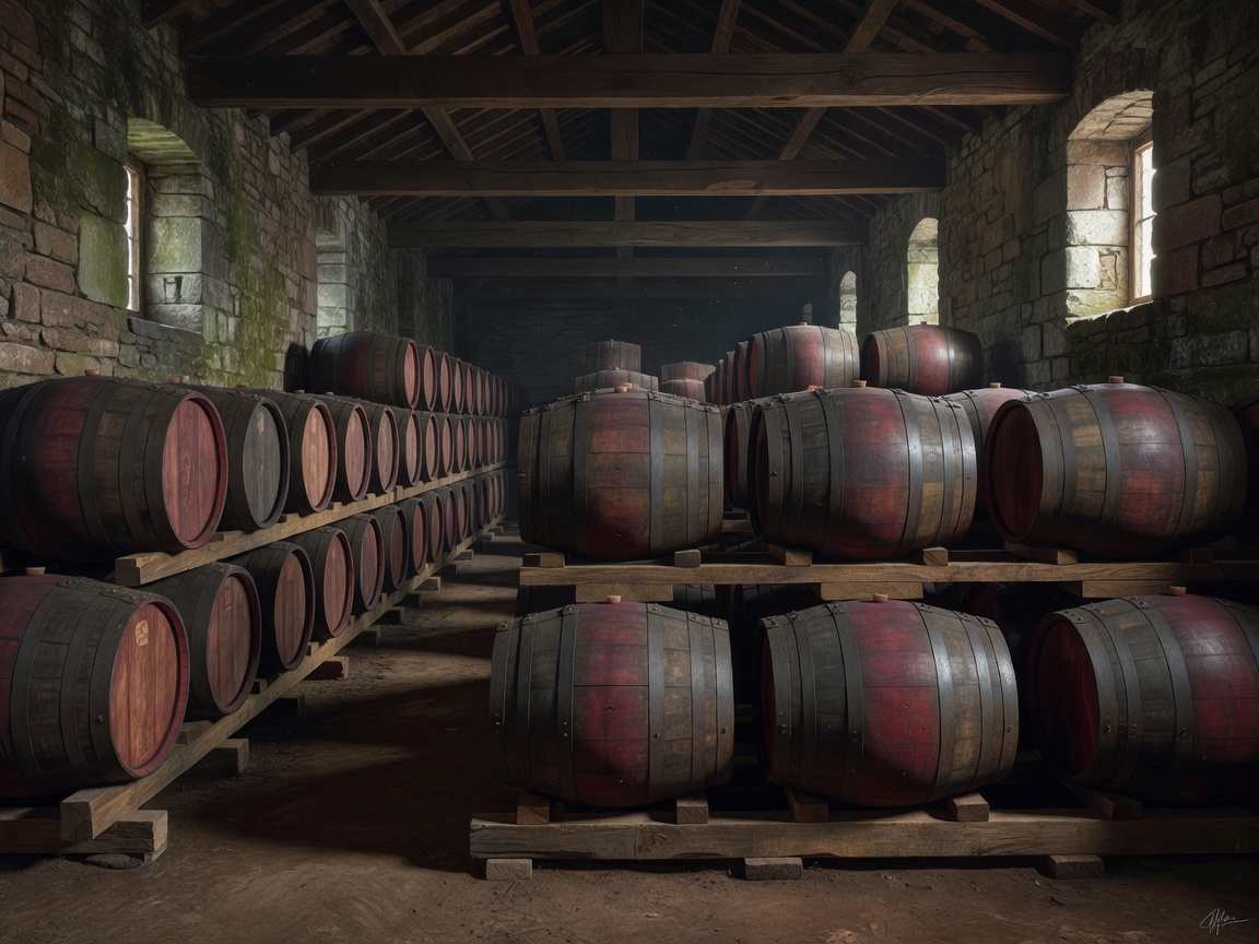 Illustration of a dunnage warehouse with sherry butts stacked three high on wooden runners