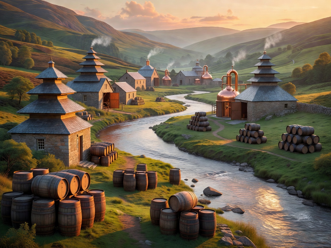 Illustration of a river valley lined with distillery pagoda roofs and stacked sherry casks
